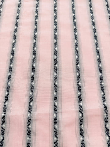 Vintage Fabric 1960s 70s Light Weight Pale Pink Cotton w/ Embroidered Stripe Spot 88cm Wide