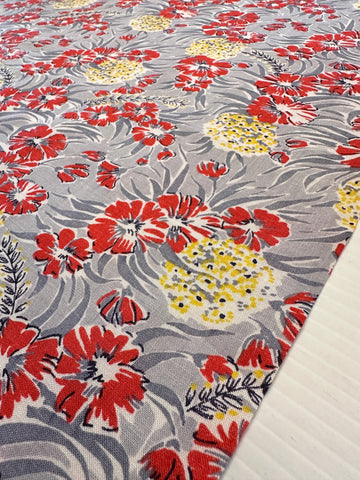 LAST 1/2m: Vintage Fabric Rare 1950s Beautiful Red & Yellow Flowers on Grey 88cm x 50cm