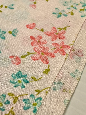 Vintage Fabric 1960s Pink & Blue Flowers on Pale Pink Cotton 88cm Wide