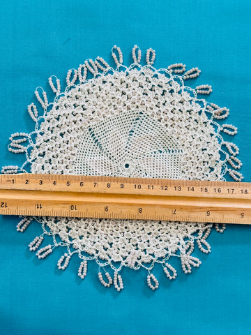Vintage Crochet Milk Jug Cover w/ Glass? Beads Doily 16cm Diameter