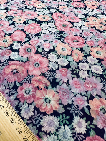 Vintage Fabric 80s 90s? Cotton Voile w/ Pink Country Floral on Black