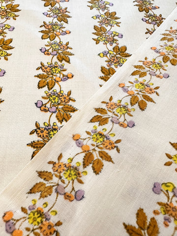 Vintage Fabric 1970s Boho Hippie Small Flowers Fruit on White Cotton 88cm Wide