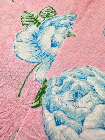 REMNANT Vintage Fabric Embossed Cotton 60s Pale Blue Base & Blue Flowers 44cm x 44cm