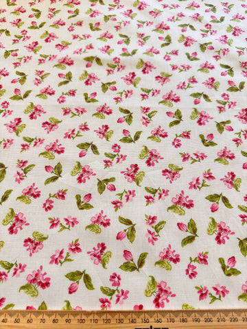 Vintage? Modern? Fabric Bright Pink & Green Floral on White Cotton 112cm Wide