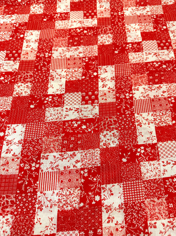 Vintage Fabric 1980s Faux Patchwork Red & White Squares 88cm Wide