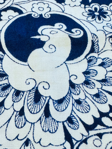 Vintage Fabric 1960s? Fabulous Stylised Peacocks Navy on White Cotton 88cm Wide