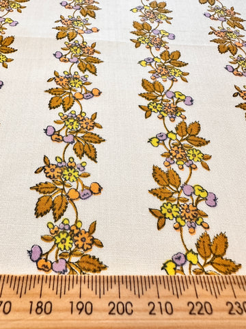 Vintage Fabric 1970s Boho Hippie Small Flowers Fruit on White Cotton 88cm Wide