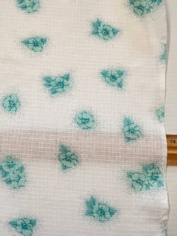 Vintage Fabric 70s Cotton Fancy Window Pane Weave Aqua Flowers 108cm Wide
