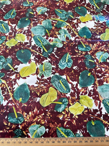 Vintage Fabric 1960s Wow! Anthurium Flowers & Brown Leaves Polished Cotton 88cm Wide