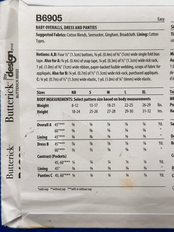 BABY OVERALLS, DRESS & PANTIES: Butterick Sewing Pattern Sizes NBN-S-M-L-XL Unused FF *B6905