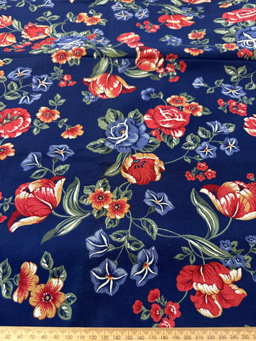 Vintage Fabric 1980s Wamsutta Blue Red Flowers on Navy Cotton Blend 112cm Wide