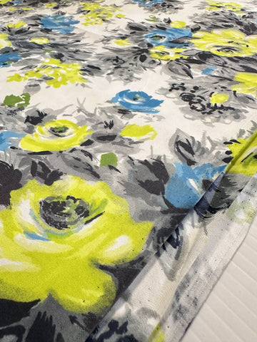 Vintage Fabric 1950s Rare Chintz Dress Cotton Bright Chartreuse & Blue Roses on White Cotton Evening Wear 88cm Wide
