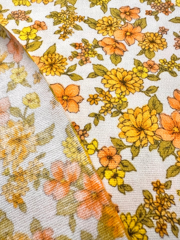 Vintage Fabric 60s 70s Basket Weave Cotton Bright Floral on White 88cm Wide