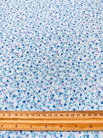 Vintage Fabric 60s 70s Tiny Blue Pink Minimalist Flowers on Pale Blue Cotton 88cm Wide
