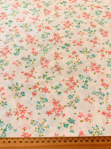 Vintage Fabric 1960s Pink & Blue Flowers on Pale Pink Cotton 88cm Wide