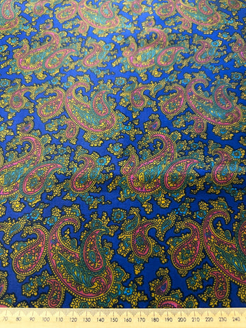 Vintage Fabric 60s 70s High End Polished Cotton Cobalt Blue Base w/ Paisley 88cm Wide