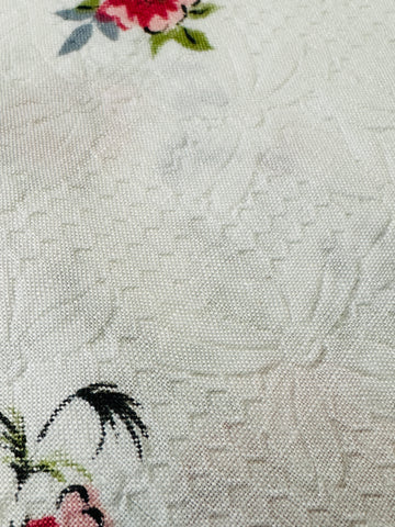 Vintage Fabric Embossed Cotton White Base w/ Pink Flowers 88cm Wide