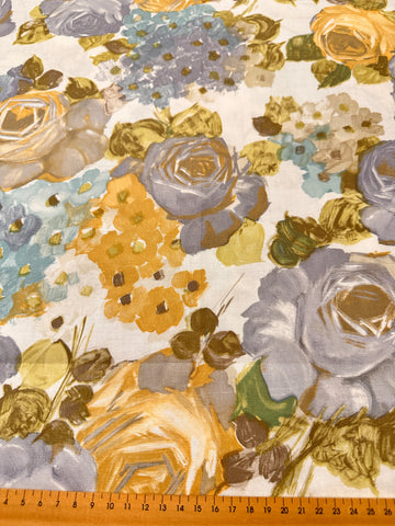 LAST PIECE Vintage Fabric 1960s Painterly Grey Roses Leaves Cotton 88cm x 50cm