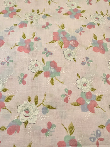 Vintage Fabric 1960s Butterflies & Flowers on Pink Cotton 88cm Wide