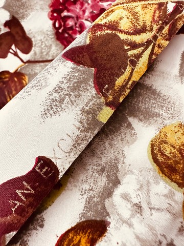 Vintage Fabric 1960s Wow! Rich Red Pink Flowers & Brown Leaves Polished Cotton 88cm Wide