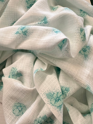 Vintage Fabric 70s Cotton Fancy Window Pane Weave Aqua Flowers 108cm Wide