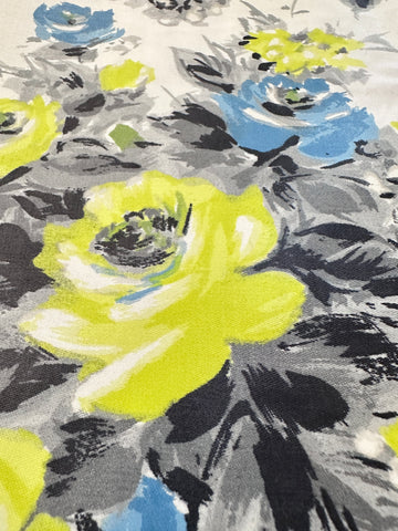 Vintage Fabric 1950s Rare Chintz Dress Cotton Bright Chartreuse & Blue Roses on White Cotton Evening Wear 88cm Wide