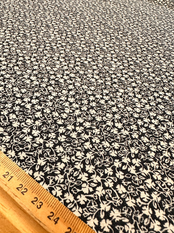 Vintage Fabric 1970s? 80s? Light Weight Cotton w/ Tiny White Leaves on Black 112cm Wide