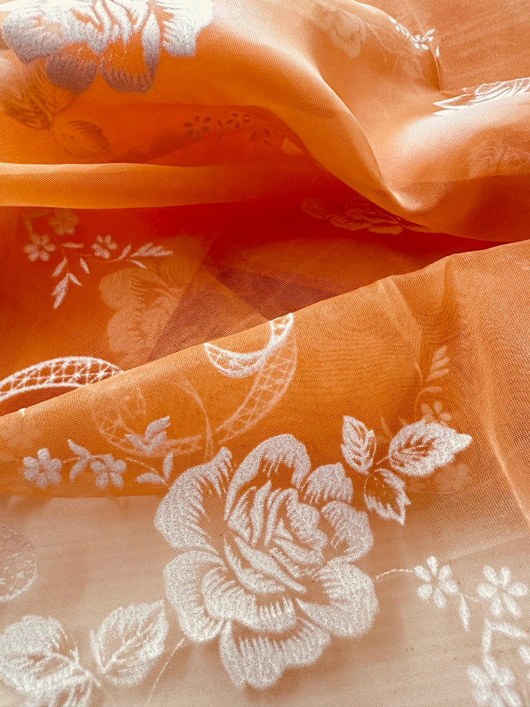 Vintage Fabric 1960s Rare Border Print Flocked Flowers Scalloped Edge Orange Nylon 106cm Wide