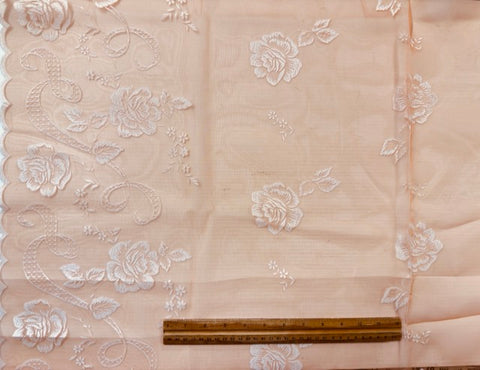 Vintage Fabric 1960s Rare Border Print Flocked Flowers Scalloped Edge Orange Nylon 106cm Wide