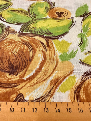 Vintage Fabric 1960s Large Brown & Green Floral on White Cotton 88cm Wide
