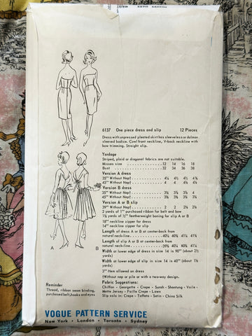 ONE PIECE DRESS & SLIP: Vogue Sewing Pattern 1960s Size 16 Complete *6137