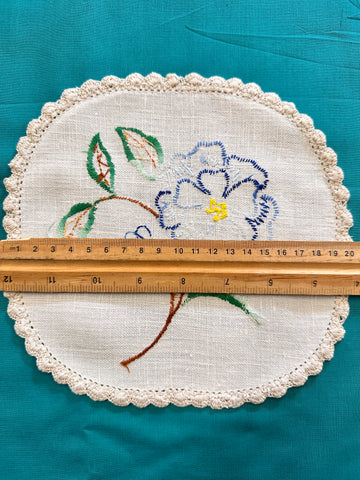 Vintage Hand Worked Embroidered Doily Blue Flower w/ Crocheted Edge 20cm x 20cm