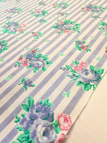 LAST PIECE Vintage Fabric 1980s? Classic Flowers & Stripe Cotton 82cm x 50cm