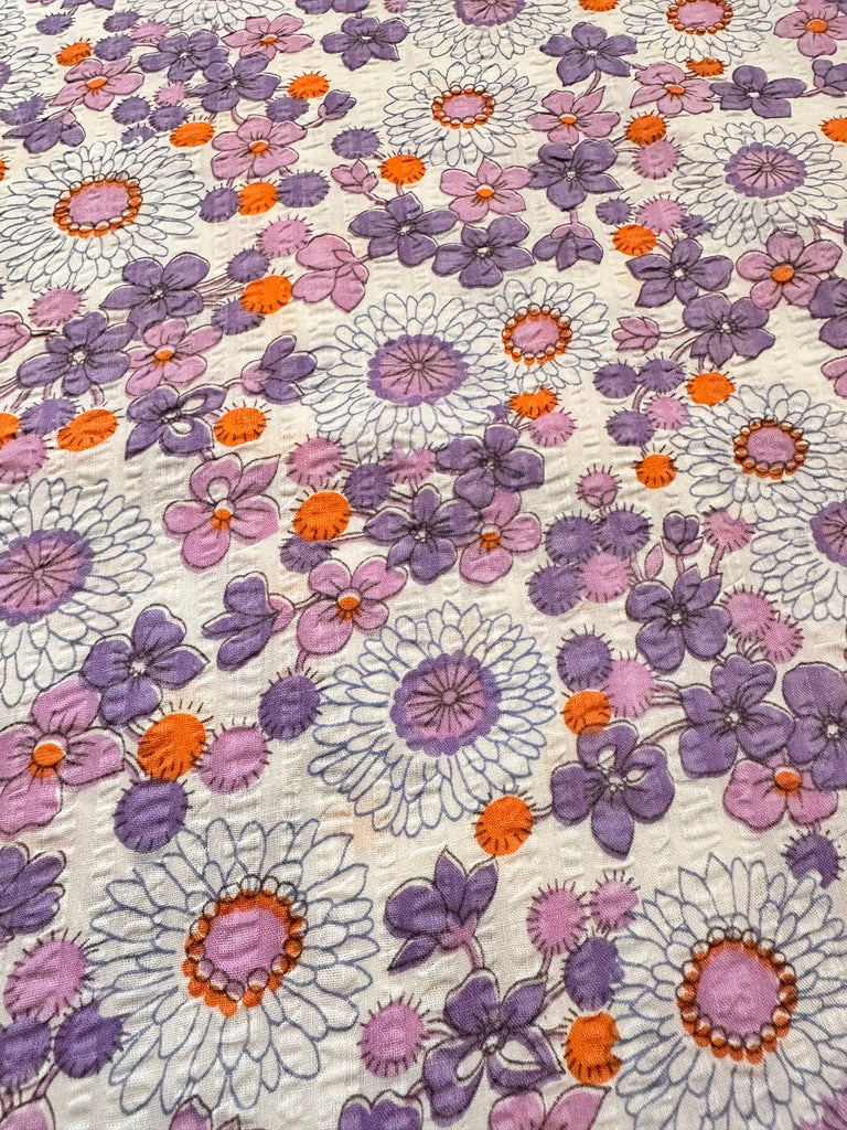 Vintage Fabric 1960s 70s Pure Retro Purple Daisies Cotton Plisse 88cm Wide