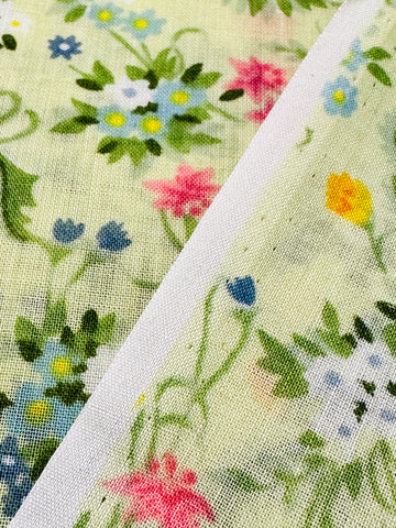 Vintage Fabric 1980s? Pale Grass Green Cotton Blend Voile w/ Sweet Flowers 88cm Wide
