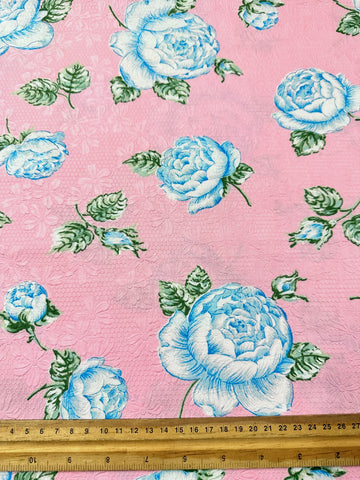REMNANT Vintage Fabric Embossed Cotton 60s Pale Blue Base & Blue Flowers 44cm x 44cm