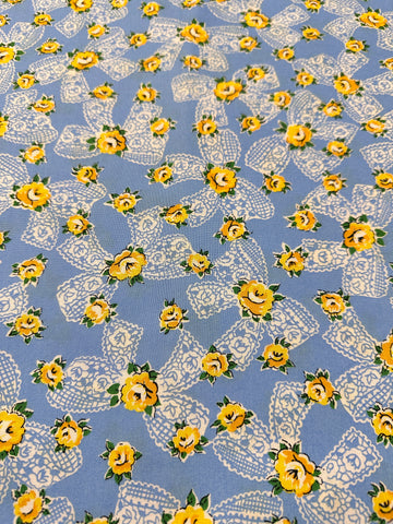 Modern Fabric Everything But The Kitchen Sink 2016 Pinafore Yellow Roses w/ Bows on Blue RJR Studio Quilt Cotton 112cm Wide