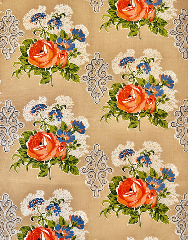 FAT QUARTER Vintage Fabric 1950s Flowers on Tan Cotton Cretonne 43cm x 50cm