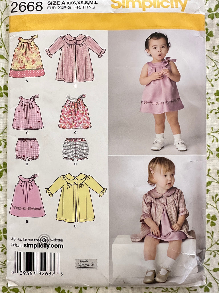 BABIES’ DRESS, TOP, PANTIES & COAT: Simplicity Sewing Pattern Sizes XXS- XS- S-M-L 1m-18m Unused FF *2668