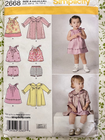 BABIES’ DRESS, TOP, PANTIES & COAT: Simplicity Sewing Pattern Sizes XXS- XS- S-M-L 1m-18m Unused FF *2668
