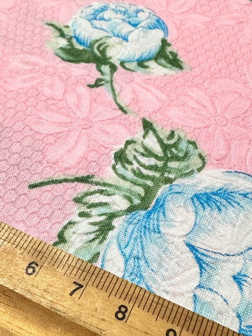 REMNANT Vintage Fabric Embossed Cotton 60s Pale Blue Base & Blue Flowers 44cm x 44cm