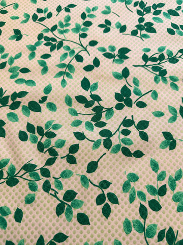 Vintage Fabric 1960s Emerald Green Leaves on Pink White Cotton w/ Embroidered Spot 88cm Wide