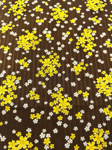 Vintage Fabric 1960s Yellow Daisies on Chocolate Brown Textured Cotton 88cm Wide