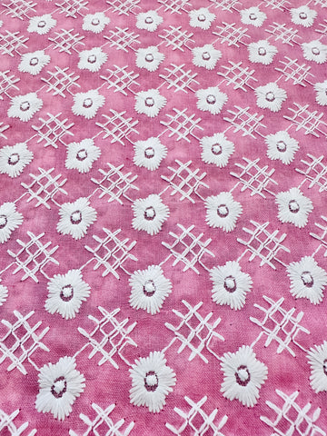 Vintage Fabric 60s Amazing Embroidered Cotton White Daisies on Pale Pink 88cm Wide