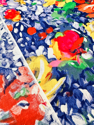 LAST PIECE Vintage Fabric 1980s? Impressionist Painterly Flowers on Blue Cotton 140cm x 50cm