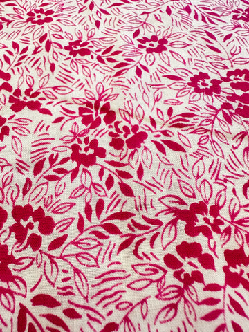 Vintage Fabric 1960s Bright Raspberry Pink Floral on White Cotton 86cm Wide