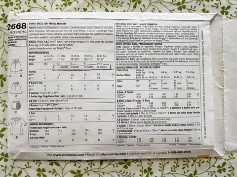 BABIES’ DRESS, TOP, PANTIES & COAT: Simplicity Sewing Pattern Sizes XXS- XS- S-M-L 1m-18m Unused FF *2668