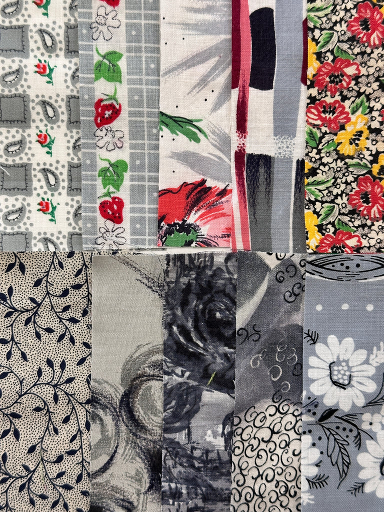 6cm x 12cm Fabric Pack - 10 Pieces - Mid-Century Cottons  - Greys Black