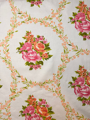 FAT QUARTER Vintage Fabric 70s Pink Orange Flowers Cotton Sheeting 50cm x 50cm