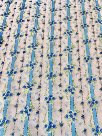 Vintage Fabric 1970s Small Blue Flowers w Green Leaves & Sky Blue Stripe 88cm Wide